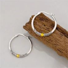 1 Pair Retro Engraved Pattern Hoop Earrings, Vintage Bohemian Style Zinc Alloy Jewelry, Fashion Gift For Women - Silver and Gold - View 5