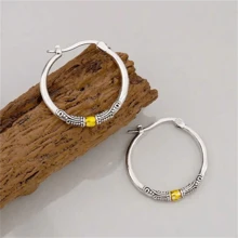 1 Pair Retro Engraved Pattern Hoop Earrings, Vintage Bohemian Style Zinc Alloy Jewelry, Fashion Gift For Women - Silver and Gold - View 3