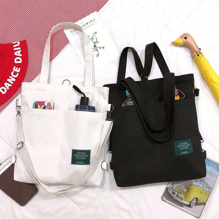 1 件大容量单肩包/购物袋，带字母印花 - 黑色 - 查看 1