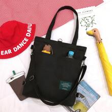 1 件大容量单肩包/购物袋，带字母印花 - 黑色 - 查看 4