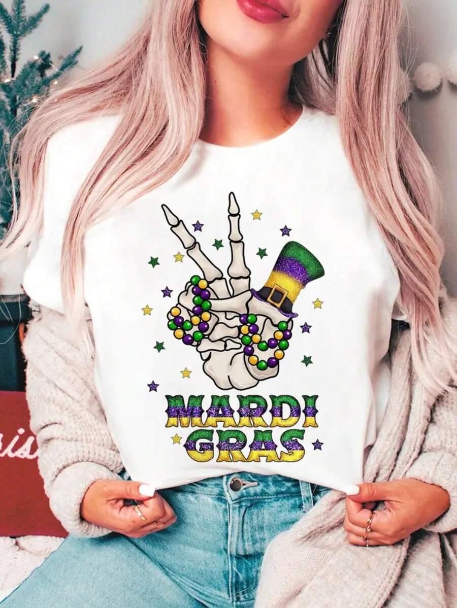 Mardi Gras Skeleton - Women's Large T-Shirt Short Sleeve Loose Crewneck Graphic Tees Printed Fashion Casual Summer Tops
