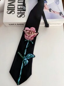 精緻珠飾亮片玫瑰免領結襯衫裝飾配件，營造溫柔氛圍 - 黑色 - 查看 6