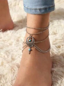 1pc Bohemian Vintage Silver Plated Layered Chain Anklet With Turquoise Bead Pendant, Elegant Hollowed Out Women's Foot Jewelry, Fashion Accessory For Summer Holidays, Beach Parties, Music Festivals - Silver - View 2