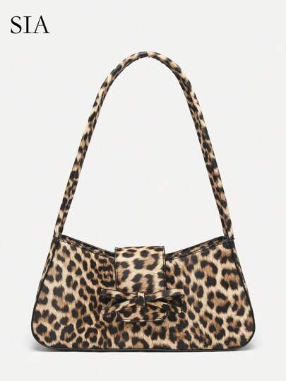 1pc Vintage Minimalist Ballet Style Bow Leopard Print Exposed Lining Yellow Polka Dot Angora Decor Shoulder Baguette Bag, Suitable For Dates, Outings, Parties, Valentine's Day