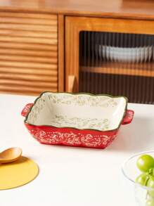 Assadeira quadrada de cerâmica pintada à mão com padrão floral vintage vermelho e alças, utensílios de cozinha para salada, grelhados, assados, sobremesas e pizzas, adequada para forno e micro-ondas