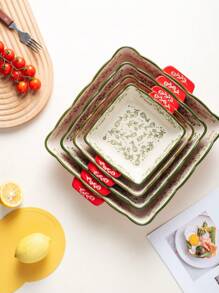 Assadeira quadrada de cerâmica pintada à mão com padrão floral vintage vermelho e alças, utensílios de cozinha para salada, grelhados, assados, sobremesas e pizzas, adequada para forno e micro-ondas