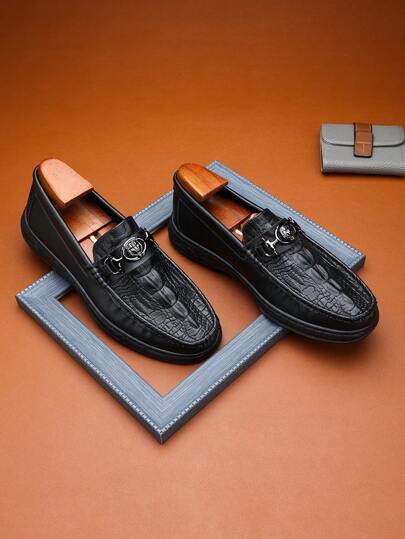 Men's Fashionable Crocodile Pattern Patchwork Low-Top Casual Shoes With Metal Buckle, Retro Style For Outdoor, Commute, Travel, Cycling, Beach, Versatile Loafers