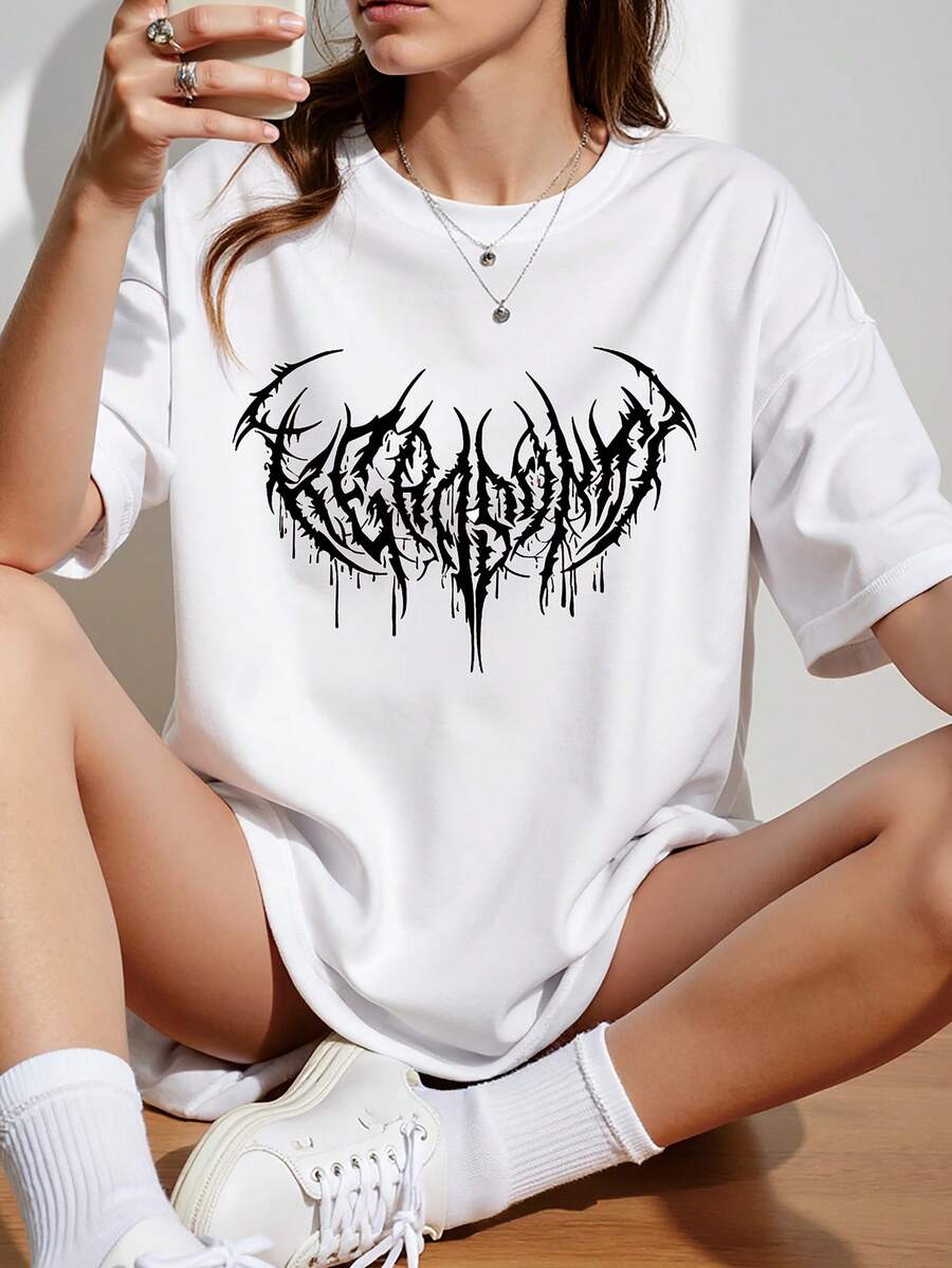 Gotischer dunkel Totem Muster Rundhals Kurzarmshirt, lässige und vielseitige Oberteile für Frauen, Sommer & Frühling - Weiss - Übersicht 1