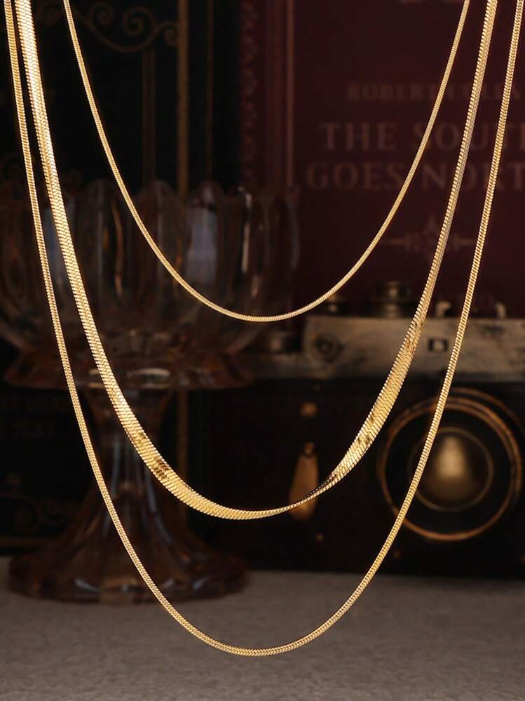 Nooxian 3pcs/Set Women Stainless Steel Snake Chain Necklaces, Layered Necklace Sets For Daily Wear - Yellow Gold - View 2