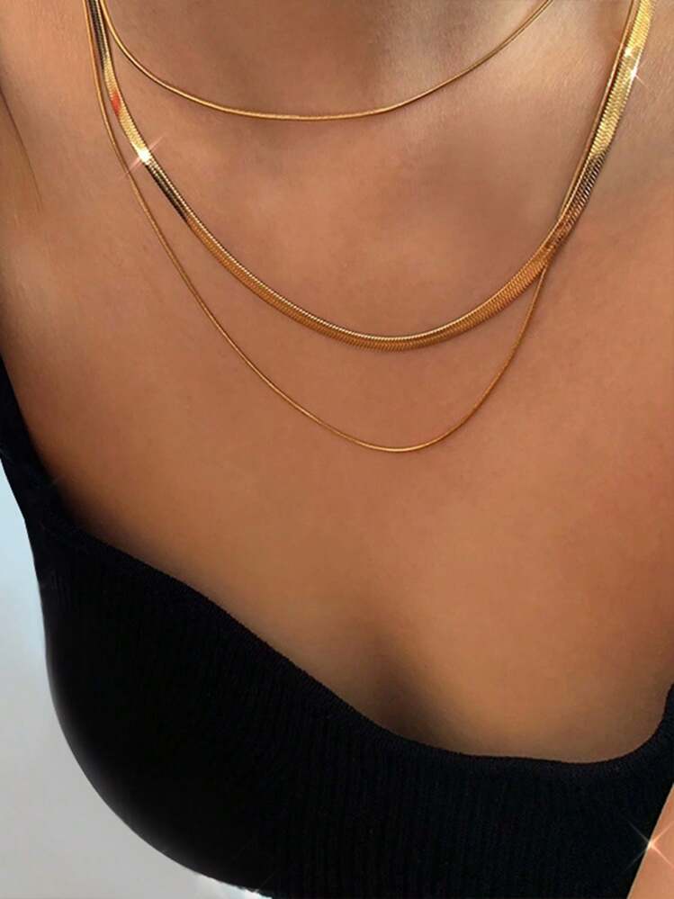 Nooxian 3pcs/Set Women Stainless Steel Snake Chain Necklaces, Layered Necklace Sets For Daily Wear - Yellow Gold - View 4