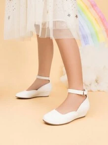 Girls Wedding Shoes | Dress Flats With Low Wedge Heel & Flower Ankle Strap For Toddler To Big Kid - trắng - Xem 3
