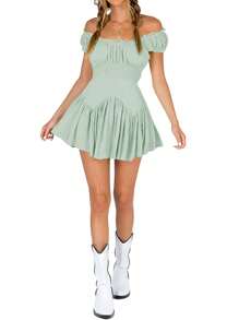 Women Flowy Pirate Dress Fairy Short Sleeve Y2k Off Shoulder Ruffle Corset Mini Dresses - 綠色 - 查看 2