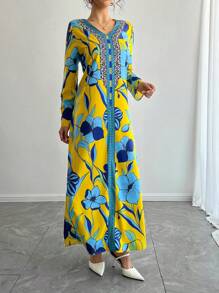阿拉伯/中东风格印花V领长袖连衣裙，传统阿拉伯女装，适合节日派对、假日长袍等春季穿着。 - 黃色 - 查看 4