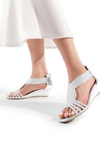 Women's Wedge Sandals Open Toe Rhinestone Fashion Comfortable For Party Wedding Dress Summer Shoes - Bạc-PAT - Xem 7
