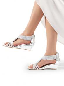 Women's Wedge Sandals Open Toe Rhinestone Fashion Comfortable For Party Wedding Dress Summer Shoes - Bạc-PAT - Xem 8