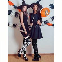 4 Pairs Skull & Stripe Print Thigh High Socks, Halloween Cosplay Festival Over-The-Knee Socks, Women's Socks & Tights - 黑色4雙 - 查看 4