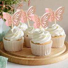 12Pcs Light Red Butterfly Cupcake Toppers - Double Layer Glitter Decorations For Baby Showers, Weddings, Birthdays, Gender Reveals & More - Multicolor - View 2