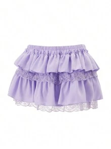 Women Lace Trim Ruffle Hem Micro Mini Skirts Elastic Low Waist Y2k Lace Layered Short Skirts Ruched A-Line Cute Tiered Ruffle Skirts Halloween/Christmas Costumes - 紫色 - 查看 7