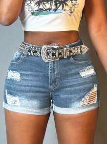 Women's Summer Mid Waist Tear Denim Shorts With Elastic Hip Lifting Denim Shorts (Excluding Waistband) - Light Wash - View 1