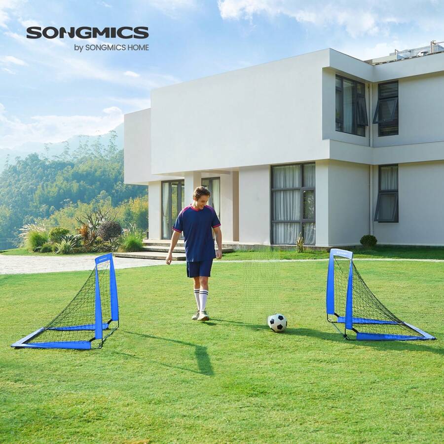 SONGMICS Set Of 2 Football Goal Foldable Football Net Quick Set Up Garden Classes Fiberglass Frame Oxford Polyester, Blue - Blue - View 1