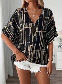 加大码女式V领印花蝙蝠袖衬衫 黑色度假款 - 黑色 - 查看 3