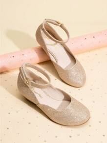 Girls Wedding Shoes | Dress Flats With Low Wedge Heel & Flower Ankle Strap For Toddler To Big Kid - Vàng - Xem 1