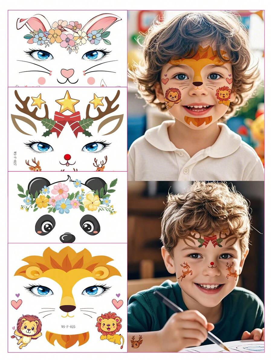 10pcs Kids & Adult Temporary Face Sticker Set, Water Transfer Butterfly, Panda, Deer, Giraffe, Fairy, Flower Tattoo Stickers, Decorative Makeup Stickers, Party Supplies, Birthday Celebration - Multicolor - View 1