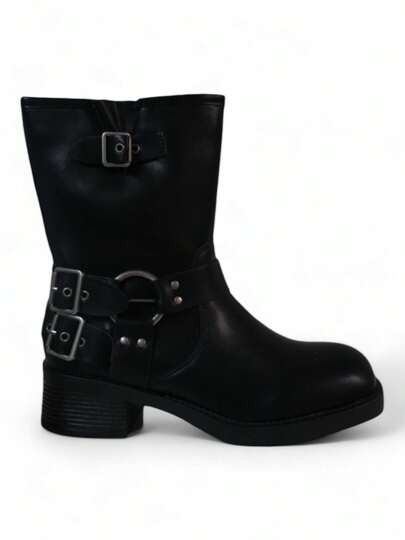 EverlyX Svarta biker-ankelboots i konstläder med spännen - Dammode - Frakt från Spanien inom 24/48 timmar