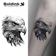 Boldink 非永久性纹身技术，鹰的刺眼目光，全新纹身设计，纹身贴纸可持续 1-2 周，精致细致的纹身设计，无光泽，临时纹身的绝佳选择 - 黑色 - 查看 1