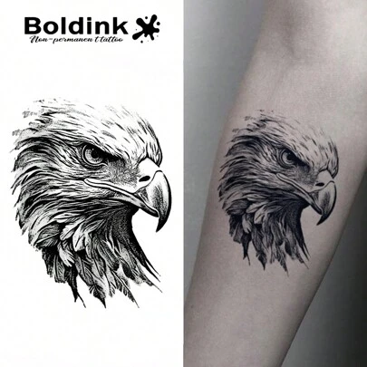  Boldink 非永久性纹身技术，鹰的刺眼目光，全新纹身设计，纹身贴纸可持续 1-2 周，精致细致的纹身设计，无光泽，临时纹身的绝佳选择