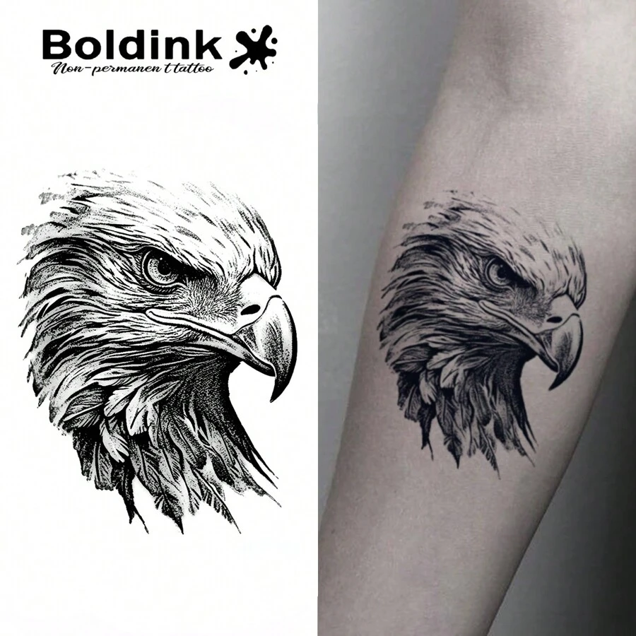 Boldink 非永久性纹身技术,鹰的刺眼目光,全新纹身设计,纹身贴纸可持续 1-2 周,精致细致的纹身设计,无光泽,临时纹身的绝佳选择 - 黑色 - 查看 1