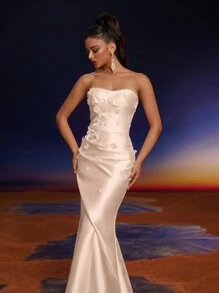 Anymoon 3D Hand Floral Ruffle Trim Mermaid Bridesmaid Dress - Apricot - View 5