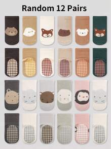 12 双随机颜色卡通动物图案防滑软底室内婴儿袜子，适合幼儿男孩和女孩，休闲日常穿着