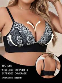 Plus Size Women Lace Insert Wireless Bras, Comfortable Lingerie - Black - View 5