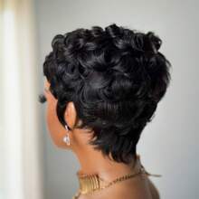女士精灵短假发，真人发卷发，黑色短款刘海，无胶无蕾丝前额，全手工编织分层假发，佩戴方便，是送给爱人、朋友、家人或日常佩戴的理想礼物 - 黑色 - 查看 6
