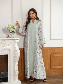 立领 V 领长裙，全身印花，厚实柔软的四向弹力面料，喇叭袖口，闪亮水钻装饰，优雅的阿拉伯女性 Jalabiya 端庄长袖阿拉伯连衣裙，卡夫坦 - 灰色 - 查看 5