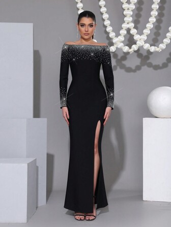 Modphy Rochie sexy cu mânecă lungă, decorată cu strasuri, cu crăpături înalte, elegantă, pentru petrecere formală, pentru festivalul de Eid, seară, invitată la nuntă