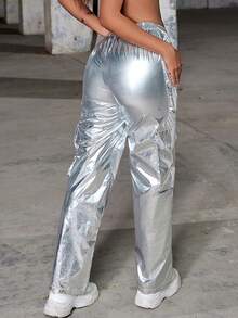 Pantaloni cargo argento stile Y2K Hip Hop, design in vita elasticizzato, gamba dritta con tasche multiple, vestibilità comoda e ampia, casual per vacanze, autunno - Argento - Visualizzare 2