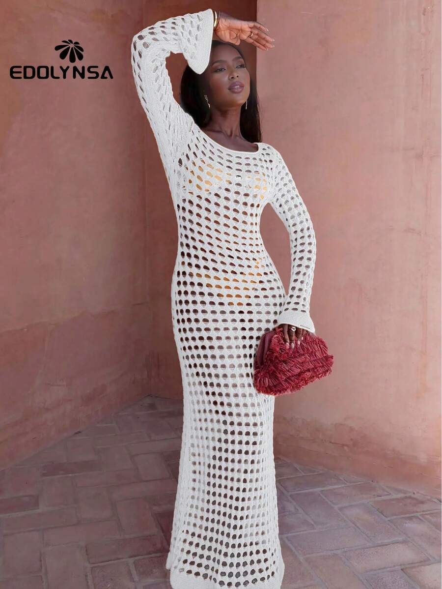 性感镂空喇叭袖白色针织钩花连衣裙女式夏季时尚泳衣罩衫 - 白色 - 查看 1