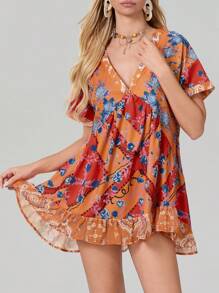 Womens Bohemian Babydoll Dress Casual Summer Floral Dresses Short Sleeve V Neck Sundress Flowy Ruffle Dress With Pockets