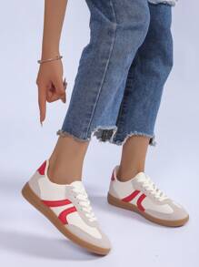 Women's Red Black Leopard Beige Gold Retro German Trainers – Lace-Up Low-Top Casual Sneakers [Size Up Half Size] - 紅色 - 查看 2