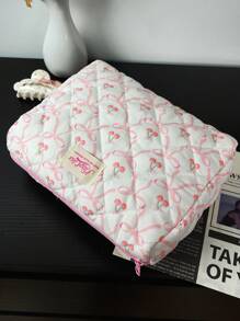 1 Piece Bow&Cherry Quilted Cosmetic Bag With Handle Bow Decor Makeup Bag Large-Capacity Portable Travel Cosmetic Pouch With Zipper, Sweet-Style Toiletry Bag, Makeup Storage Bag For Home, Travel, Daily Use, Women's Makeup Organizer To Store Makeup Tools, Makeup Brush Storage, Toiletry Travel Bag, Reusable Stuff Storage Bag, Coin Purse, Valentine's Day Gift, Bridesmaid Gift School Supplies Travel Essentials Make Up Bag Holiday Essentials Makeup Bags Makeup Pouch Holiday Winter Leopard Print Sausage Dog Gifts For Women - Multicolor - View 17