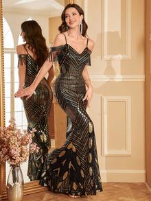 yanchunxier Women's Knit Fabric Gold Sequin Symmetrical Placement Floral Off-The-Shoulder/Hooded Sleeve Pearl Chain Decor Back Zipper/Cinched Waist Fitted Short Front Long Fish Tail Hem Dress, Halloween/Party/Wedding Guest, Fall Women Clothes