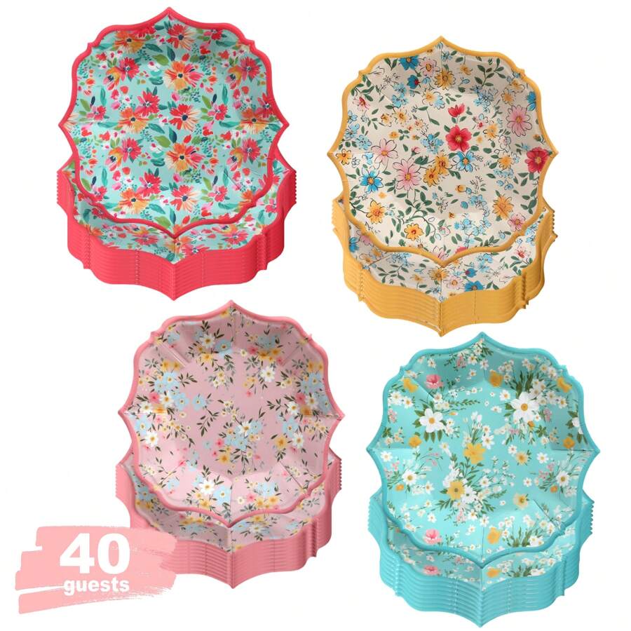 40 Stücke 4 Arten 9 Inch Lunch Dusty Blumen Pappteller, elegante Einweg-Blumenteller für Teegesellschaft, Hochzeit, Bridal-Shower, Geburtstag und Frühlingsgartenparty Dekoration (bedient 40)