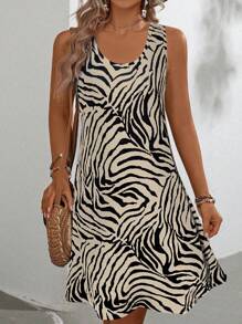 Women's Zebra Print Sleeveless Tank Dress - Round Neck Summer Sundress, Casual Vacation Outfit, Stretchy Bodycon Mini Dress For Beach & Daily Wear,Fashion Vacation Outfits Women,Bohemia Multicolor Women Short Dresses