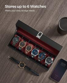 SONGMICS Watch Box With 6 Slots, Watch Case With Glass Lid, Watch Display Box With Removable Watch Pillows, Metal Clasp, Gift Idea, Black Synthetic Leather, Wine Red Lining - Red - View 3