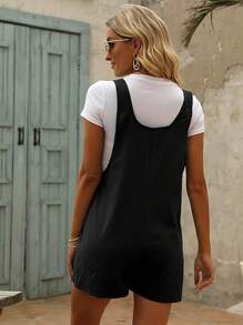 Women's Casual Summer Cotton Linen Rompers Overalls Jumpsuit Shorts - 黑色 - 查看 3