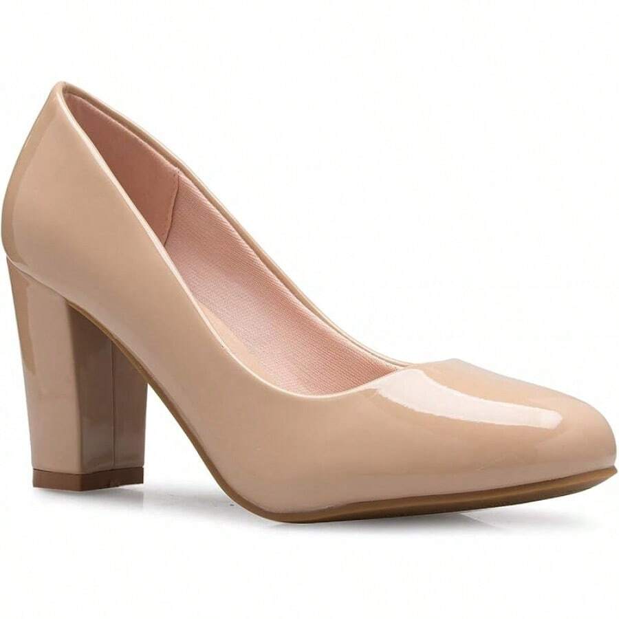 Tacones de plataforma de punta redonda clásicos para mujer con tacón alto en bloque - Adorable,-2025 - Patente color topo - Ver 1