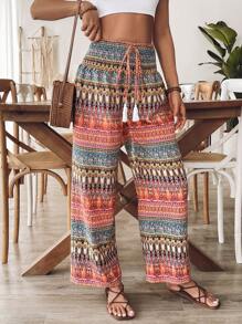 女式休闲印花抽绳腰阔腿裤 - 彩色 - 查看 2
