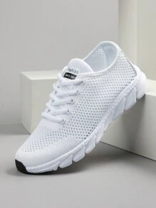 秋冬女士透气网眼休闲运动鞋，轻便柔软舒适，系带，户外跑步运动鞋 - 白色 - 查看 4